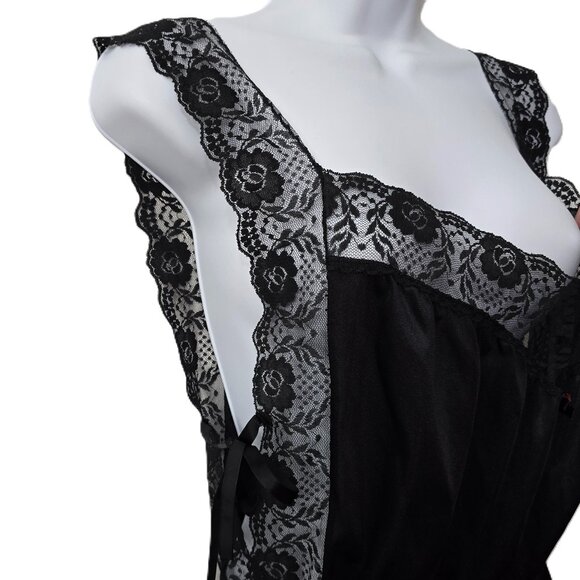 Vintage Nylon Lingerie Teddy Romper L Floral Lace Rosette Ties Black 80s 90s - Picture 6 of 11